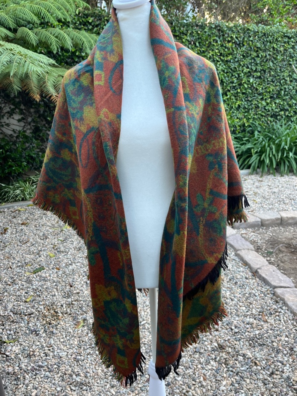 Boho Floral Fringe Shawl Wrap in Rust, Green & Teal